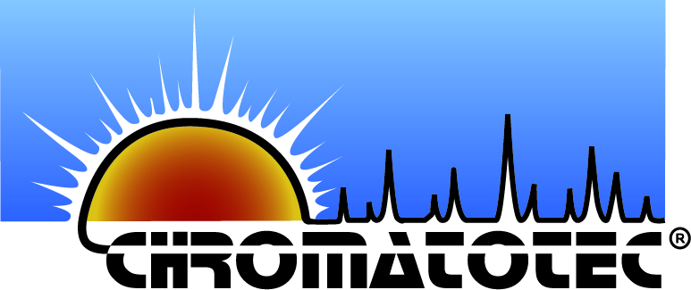 Logo with a stylized yellow and red sun rising against a light blue sky. To the right of the sun, a series of black peaks resembling data spikes. Below the sun and peaks, the bold black text reads "CHROMATOTEC®".