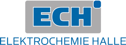 The image shows the logo of ECH Elektrochemie Halle. It features the acronym "ECH" in large blue letters inside a gray rectangle. Below the rectangle, the words "ELEKTROCHEMIE HALLE" are written in blue capital letters.