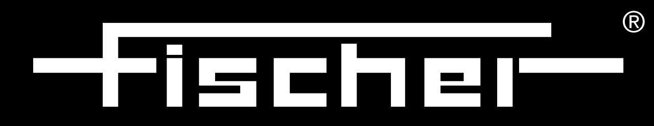 The image shows the Fischer logo, featuring the brand name "Fischer" in a modern, geometric font. The text is white against a black background, with horizontal lines extending from the top and bottom of the first letter "F" and the top of the last letter "r.