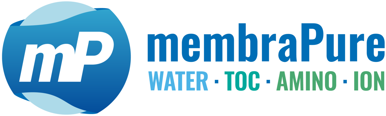 Logo of membraPure featuring a blue stylized "mP" icon on the left. To the right are the words "membraPure" in blue, with "WATER TOC AMINO ION" underneath, each word in blue, teal, green, and blue respectively.