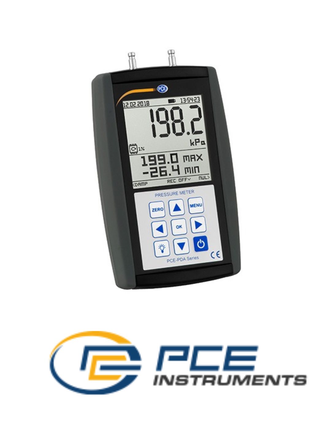 A digital differential pressure meter displaying 198.2 kPa on its screen. The device includes various buttons for functions such as reset, hold, and units. The background features the PCE Instruments logo, which includes stylized initials "PCE" and the company name.