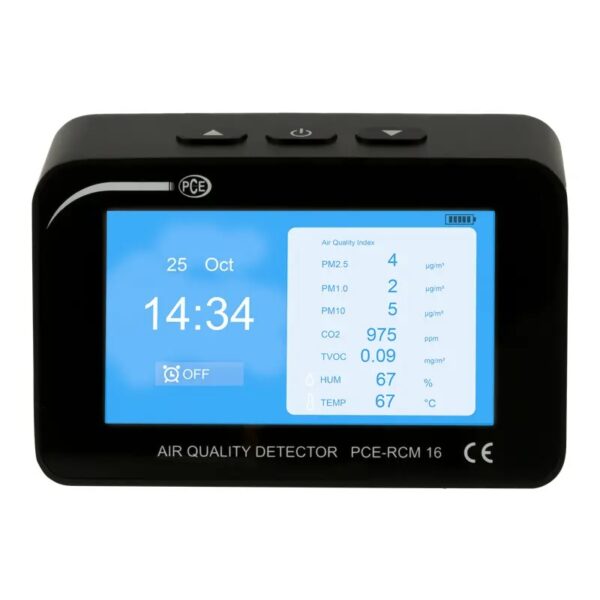 A digital air quality detector (model PCE-RCM 16) with a black casing displays the date "25 Oct" and time "14:34". The screen also shows air quality index measurements for PM2.5, PM10, CO2, TVOC, humidity, and temperature.