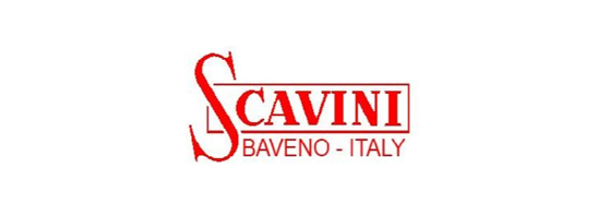 Red and white logo for Scavini, a company based in Baveno, Italy. The text reads "SCAVINI" with the "S" extending beyond the top and bottom of the word, and "BAVENO - ITALY" below it. The design has a clean, bold, and professional appearance.