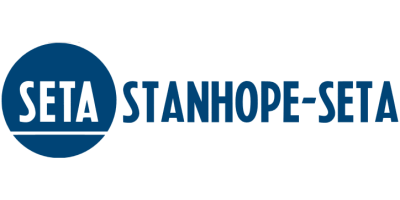 The image shows the logo of Stanhope-Seta, a company known for manufacturing quality control instruments. The logo features the word "SETA" in white, centered inside a dark blue circle, and the words "STANHOPE-SETA" in blue text to the right of the circle.