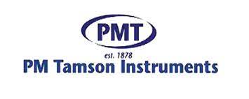 The logo features "PMT" centered in blue text with an elliptical border. Below it, the text reads "est. 1878" in smaller font and "PM Tamson Instruments" also in blue text.