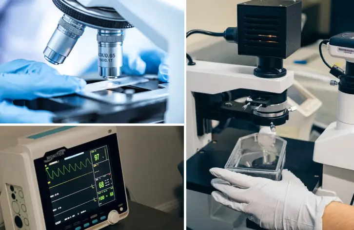 The image is a collage comprising three sections: a scientist's hands adjusting a microscope's focus, a close-up of a monitor displaying vital signs, and a gloved hand placing a sample container under another microscope. The background environment appears to be a laboratory.