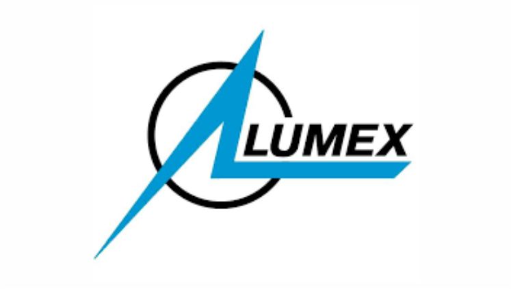 The image shows the Lumex logo, with bold black text "LUMEX" partly overlaid by a blue triangular shape pointing upwards and to the left, intersecting with a partial black circle surrounding the text.