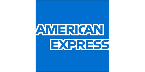 Blue logo of American Express with the words "American Express" in white, bold, and uppercase letters, horizontally centered and stacked within a square. The text is slightly offset with "American" on top and "Express" below.