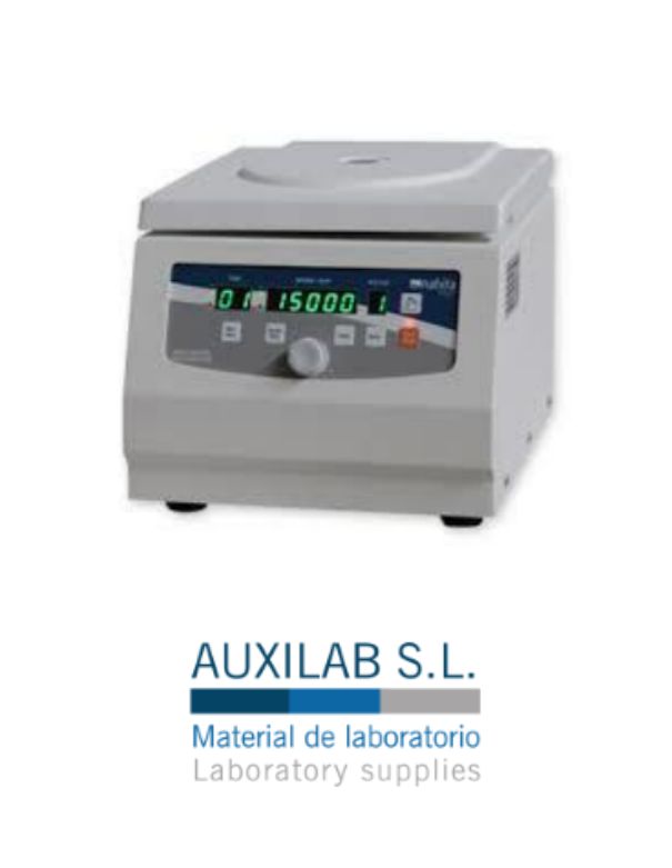 A compact benchtop laboratory centrifuge with a digital display showing speed and time controls. Below the image is the logo and text "AUXILAB S.L. Material de laboratorio. Laboratory supplies.