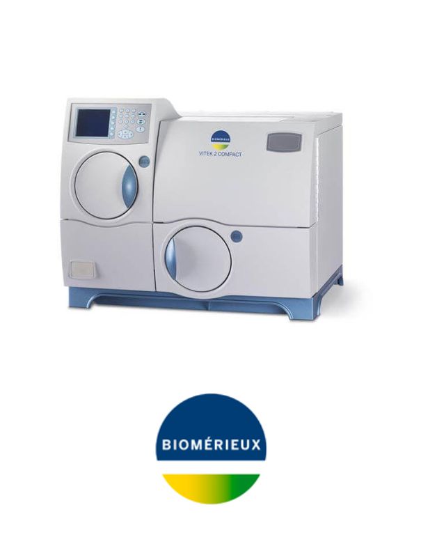 VITEK 2 COMPACT machine in white and blue colour with digital display and BIOMERIEUX logo on that.