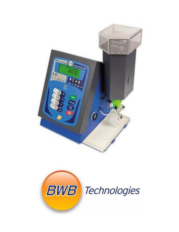 Image of a laboratory instrument with a digital display, numerous buttons, and a connected funnel apparatus labeled BWB Technologies. The device appears to be used for precise measurements or chemical analyses.