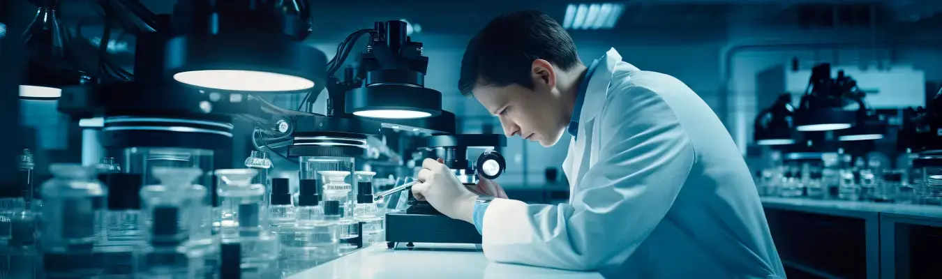 A scientist wearing a lab coat examines a sample under a microscope in a modern laboratory. The lab is dimly lit with a blue hue, with various glass containers and scientific instruments on the countertops.