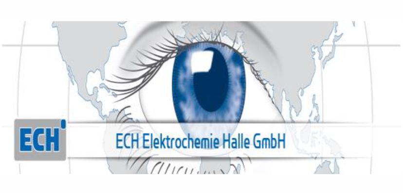 Logo of ECH Elektrochemie Halle GmbH. The image features a stylized blue eye with an electrochemical theme, depicted over a faint map in the background. The company name is displayed beneath the eye graphic. The ECH logo is in the bottom left corner.