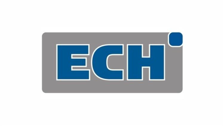 The image displays a logo with the letters "ECH" in bold blue font placed on a rectangular gray background. There is a small blue square at the top right corner of the gray rectangle.