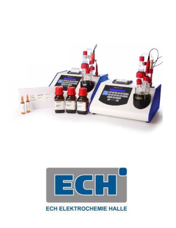 Two laboratory analytical instruments from ECH Elektrochemie Halle are displayed with various chemical bottles and ampoules. The brand's logo and name are prominently shown underneath the instruments.