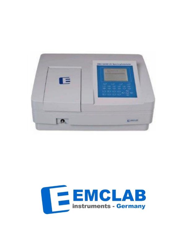 A rectangular laboratory device with a digital display screen and keypad on the top right side. The device is labeled "EMCLAB instruments Germany" in blue and white. The EMCLAB logo appears below the device.