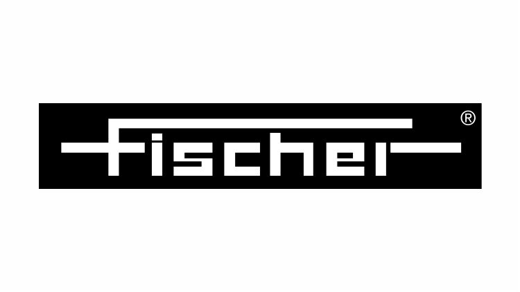 A black rectangular logo featuring the word "Fischer" in bold, white, stylized font. Horizontal lines extend from the top and bottom of the initial "F" and the "r," creating a cohesive design. The registered trademark symbol is placed at the top right.