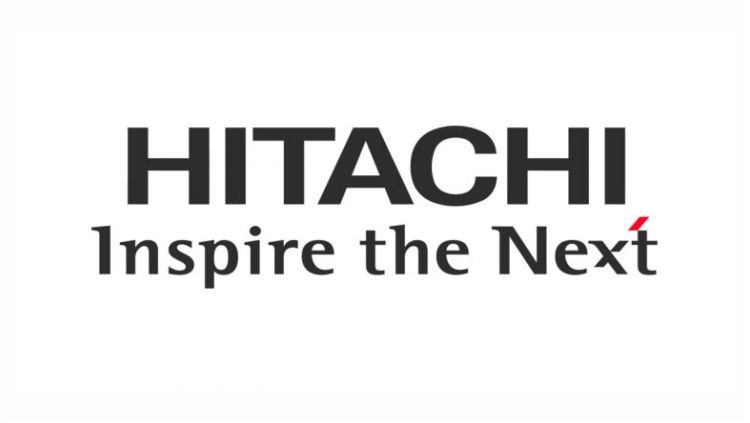 Hitachi logo with the tagline "Inspire the Next" written below the company name. The text is in black with a small red line over the "x" in "Next." The background is white.