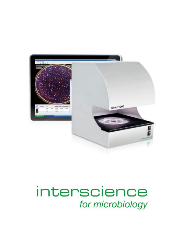 Image of a Scan® 1200, an automated colony counter used in microbiology laboratories, with its lid open and a petri dish inside. In the background, a monitor displays an image of a petri dish with bacterial colonies. The text reads "interscience for microbiology.