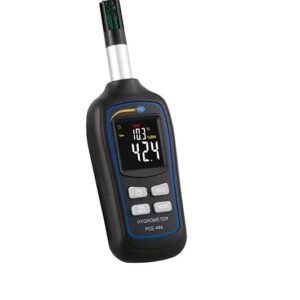 A handheld digital hygrometer (PCE-444) with a black casing and a blue border around the display. It features an LCD screen showing humidity and temperature readings. Below the screen are several buttons labeled: Max, Min, Hold, Mode, and Power.