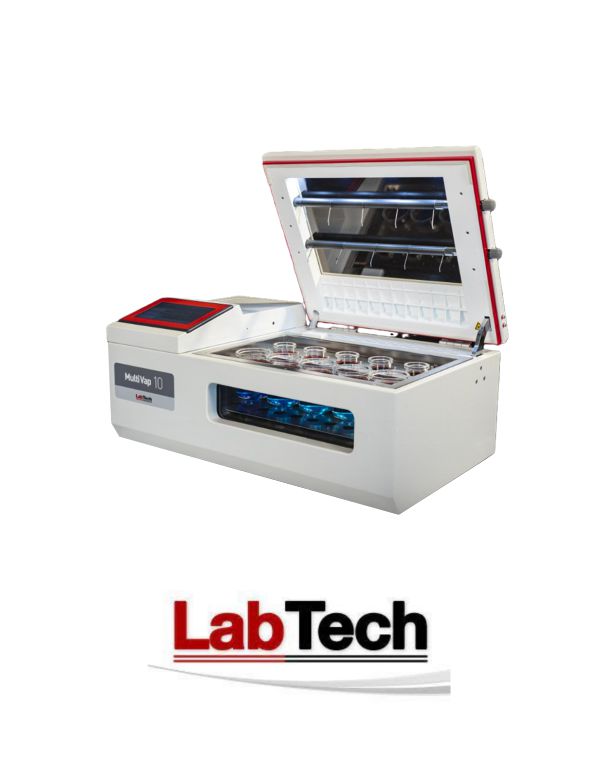 A laboratory equipment with multiple small glass containers inside, labeled "Multivap 10" by LabTech. The lid of the machine is open, revealing its interior components. Below the machine is the LabTech logo with red and black text.