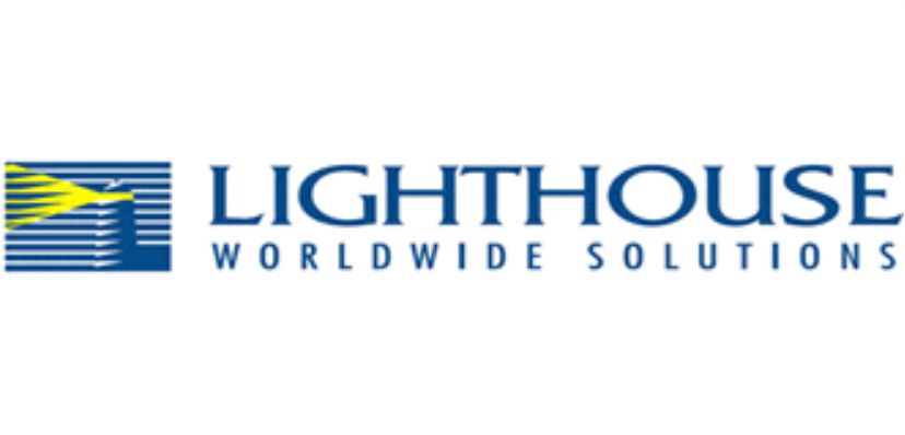 Logo of Lighthouse Worldwide Solutions. It features a stylized yellow lighthouse icon on the left, with beams of light extending outward against a blue background. To the right, the words "LIGHTHOUSE" in large blue letters and "WORLDWIDE SOLUTIONS" in smaller blue letters.