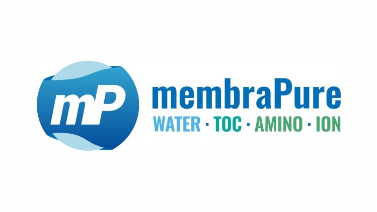 The image shows the membraPure logo. The logo features a blue circle with the white letters "mP" inside it to the left, and the text "membraPure" in blue on the right. Beneath this, the words "WATER - TOC - AMINO - ION" are written in blue and green.