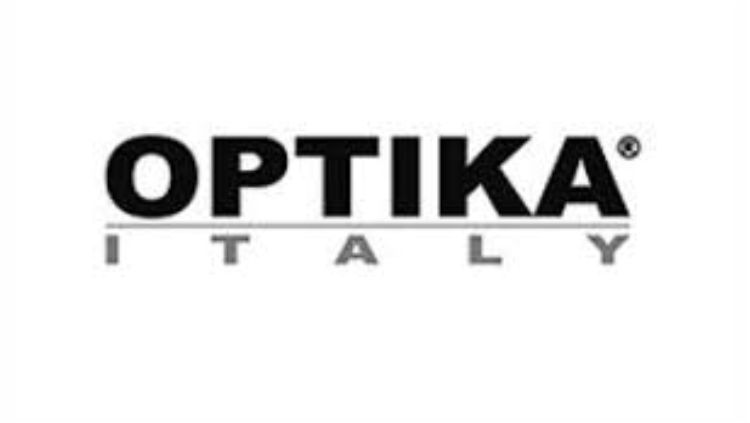 The image depicts the logo of OPTIKA, a brand from Italy. The word "OPTIKA" is in bold, black capital letters, with "ITALY" written in smaller, silver capital letters underneath it.