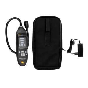 A black handheld gas leak detector with a flexible probe, LCD display, and buttons is shown beside a black carrying pouch and a power adapter with a cord. The background is white.