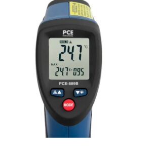 An infrared thermometer with an LCD display showing a reading of 24.7°C. The thermometer has a mode button, blue and black casing, and yellow labeling at the top. The model number "PCE-889B" is visible below the display.