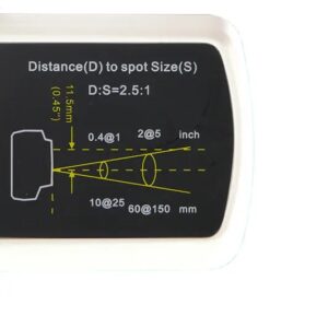 A diagram on a black background with white text explains distance to spot size relationship for a device. It notes "D:S= 2.5:1" with examples: 1 inch at 2.5 inches distance, 2 inches at 5 inches distance, and 10mm at 25mm distance.