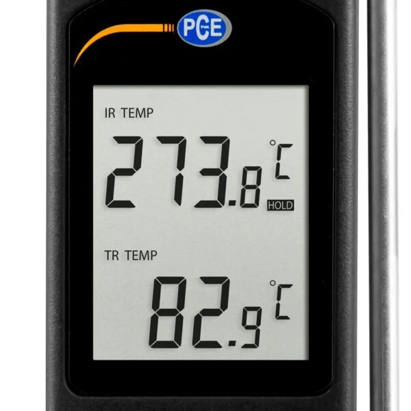 A digital thermometer displaying two temperature readings: "IR TEMP" is 273.8°C, and "TR TEMP" is 82.9°C. The device screen shows the brand "PCE" at the top.