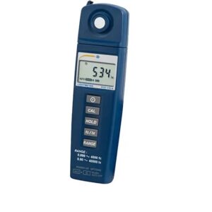 A digital light meter with a blue body and an LCD display showing a reading of 534 lumens. Below the display are four buttons labeled "O," "CAL," "HOLD," and "fc/lx," and a "RANGE" button at the bottom. The device measures light intensity.