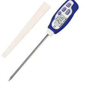 A digital food thermometer with a blue and white handle is displayed. The device has a metal probe and an LCD screen showing a temperature reading of 21°C. It comes with a white protective sheath for the probe. Buttons for the device's functions are also visible.