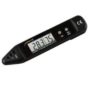 A digital thermo-hygrometer with a black casing displaying a temperature of 29.3°C and relative humidity of 75%. It has a screen with two buttons labeled "Min" and "Max" and a vented bottom section. The text "Thermo Hygrometer PCE-PTH 10" is printed below the display.