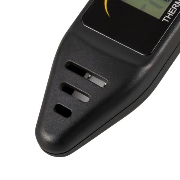 A close-up view of a black digital thermometer with a partial display screen visible and several ventilation slits near its tip. The design is sleek and modern, suggesting it might be portable and easy to use for temperature readings.