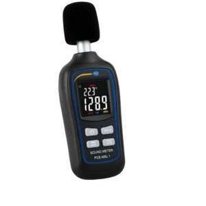 A handheld digital sound level meter with a black microphone cover and a screen displaying a reading of 128.9 dBA. The device has several buttons labeled "MAX", "MIN", "HOLD", and others, along with a blue and black casing.