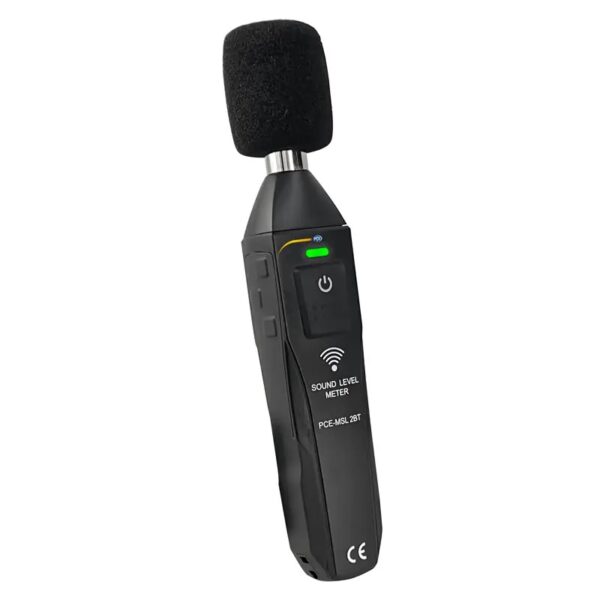 A handheld sound level meter with a black body and a foam windscreen on its microphone. The device has a power button with a green LED indicator, and displays the text "Sound Level Meter PCE-MSM 2BT" along with a CE certification mark.