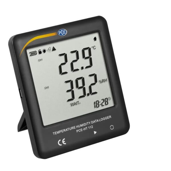 The image shows a black digital temperature and humidity data logger with a display screen. The screen shows a temperature reading of 22.9°C, a humidity level of 39.2% RH, and the time 18:28. The device has the label "PCE-HT 112" on the front panel.