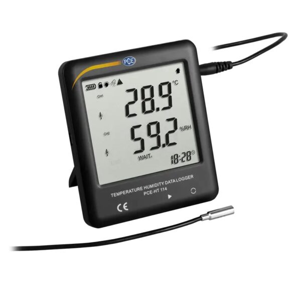 A digital temperature and humidity data logger with a wired sensor probe. The screen displays a temperature reading of 28.9°C and a humidity reading of 59.2% RH. The device has a black casing with a stand and shows additional icons and information.