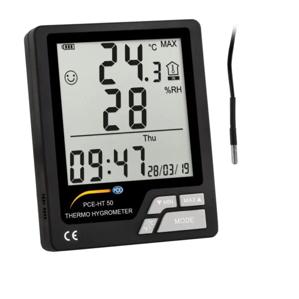 A digital thermometer-hygrometer with a large LCD screen displays temperature (24.3°C), humidity (28% RH), and time (09:47). There are buttons for minimum, maximum, and mode settings. A sensor probe is attached by a cable on the right side. .