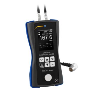 A handheld ultrasonic material thickness gauge with a digital display showing a reading of 167.6 mm. It has various buttons including a menu, arrow keys, and a power button, with two probes connected at the top. The device is identified as the PCE-TG Series.