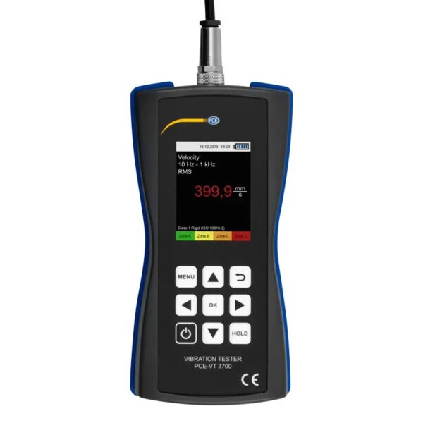 A handheld vibration tester device with a digital display. The screen shows readings, including a value of 399.9 mm/s, and has navigation buttons below it. The device has a blue and black casing and is labeled "Vibration Tester PCE-VT 3700.