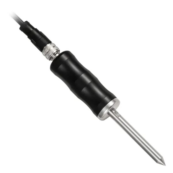 A metal probe featuring a black, ergonomically designed handle with a connector at the top end, and a pointed metallic tip at the bottom. The device appears to be designed for precise measurements, likely used in technical or scientific applications.