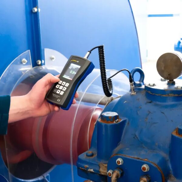 A hand holds a digital vibration meter with a connected sensor, measuring the vibration level of blue industrial machinery. The machinery and meter are set against a blurred blue background.