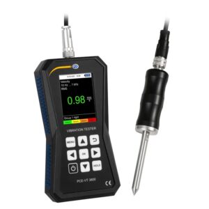 A handheld digital vibration tester with a black exterior, a screen displaying measurements, and various buttons below it for operation. The device has a probe attached via a cable for assessing vibrations, commonly used in machinery diagnostics.