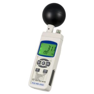 A handheld heat index meter (PCE-WB 20SD) with a large digital display showing readings of 37.1 and 19.7. The device features various buttons for controls and adjustments. A large black globe sensor is attached at the top.