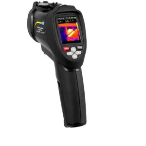 A handheld black thermal imaging camera with a screen displaying a thermal image in various colors. There are several buttons below the screen for controlling the device.