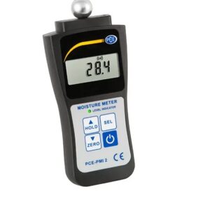 A PCE Moisture meter with reading showing "28.4" and also off switch showing in blue colour and other option in white, green light showing level indicator.