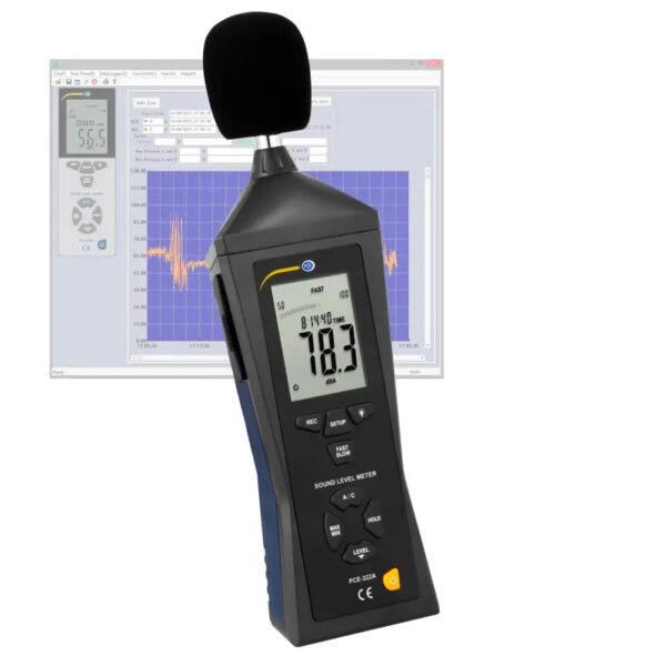 A digital sound level meter with various buttons is displayed in the foreground. The device's screen shows a reading of "78.3". In the background, a computer screen displays a graph and some numerical data related to sound level measurements.